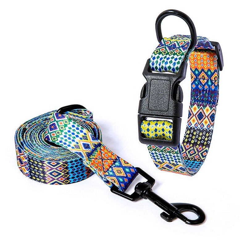 Bohemian-style dog collar and leash set 