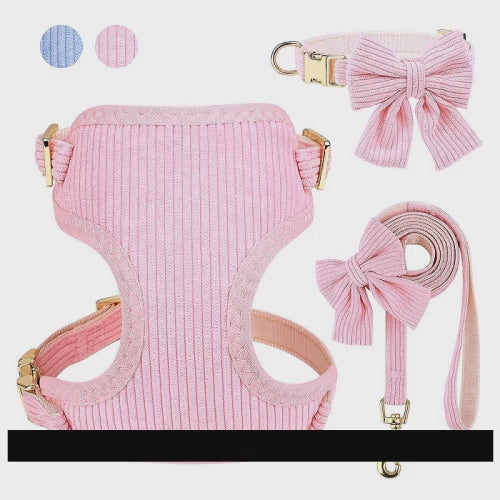 Introducing our Adorable Pink Dog Harness Leash Set for Stylish Walks! This charming set includes a pink dog collar with a cute bowtie, an adjustable harness vest for small-medium dogs, and a matching leash. Made from soft materials, this set ensures both comfort and style during outdoor walks and activities. Suitable for small dogs and cats alike, it is ideal for pet owners looking to add some flair to their pets daily outings. Upgrade your furry friends wardrobe today with our delightful Pink Dog Harness 