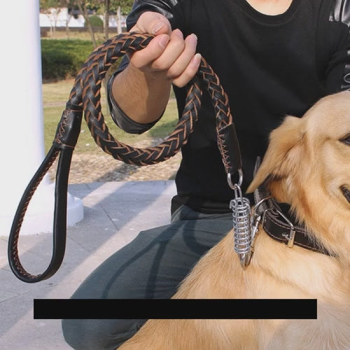 Introducing our Durable Leather Braided Dog Leash, designed specifically for large breed training. Crafted from heavy-duty genuine leather and featuring a braided design, this leash offers extra strength and durability. Perfectly suited for breeds like Shepherd, Bulldog, Labrador, and Golden Retriever. With its shock absorption spring traction belt, your furry friend will enjoy added comfort during walks or training sessions. Available in black or brown colors, made from high-quality cowhide leather. Invest