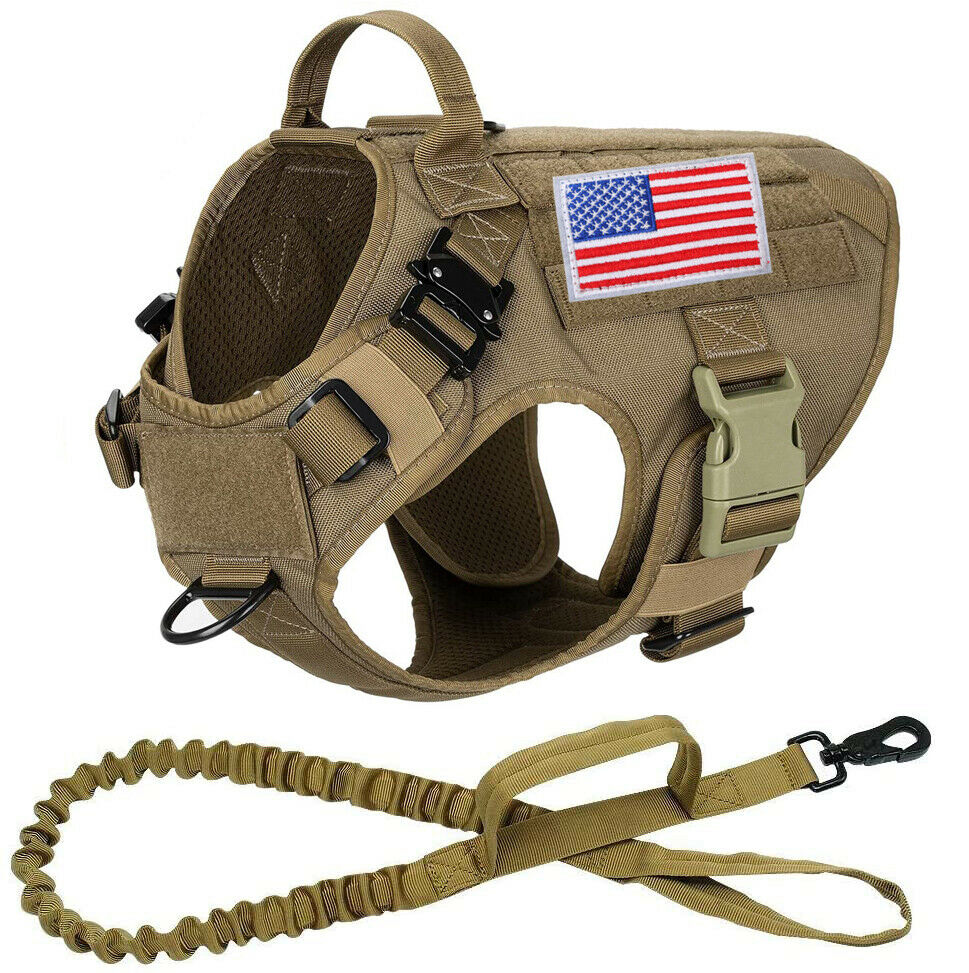Tactical No Pull Military Dog Harness brown with flag